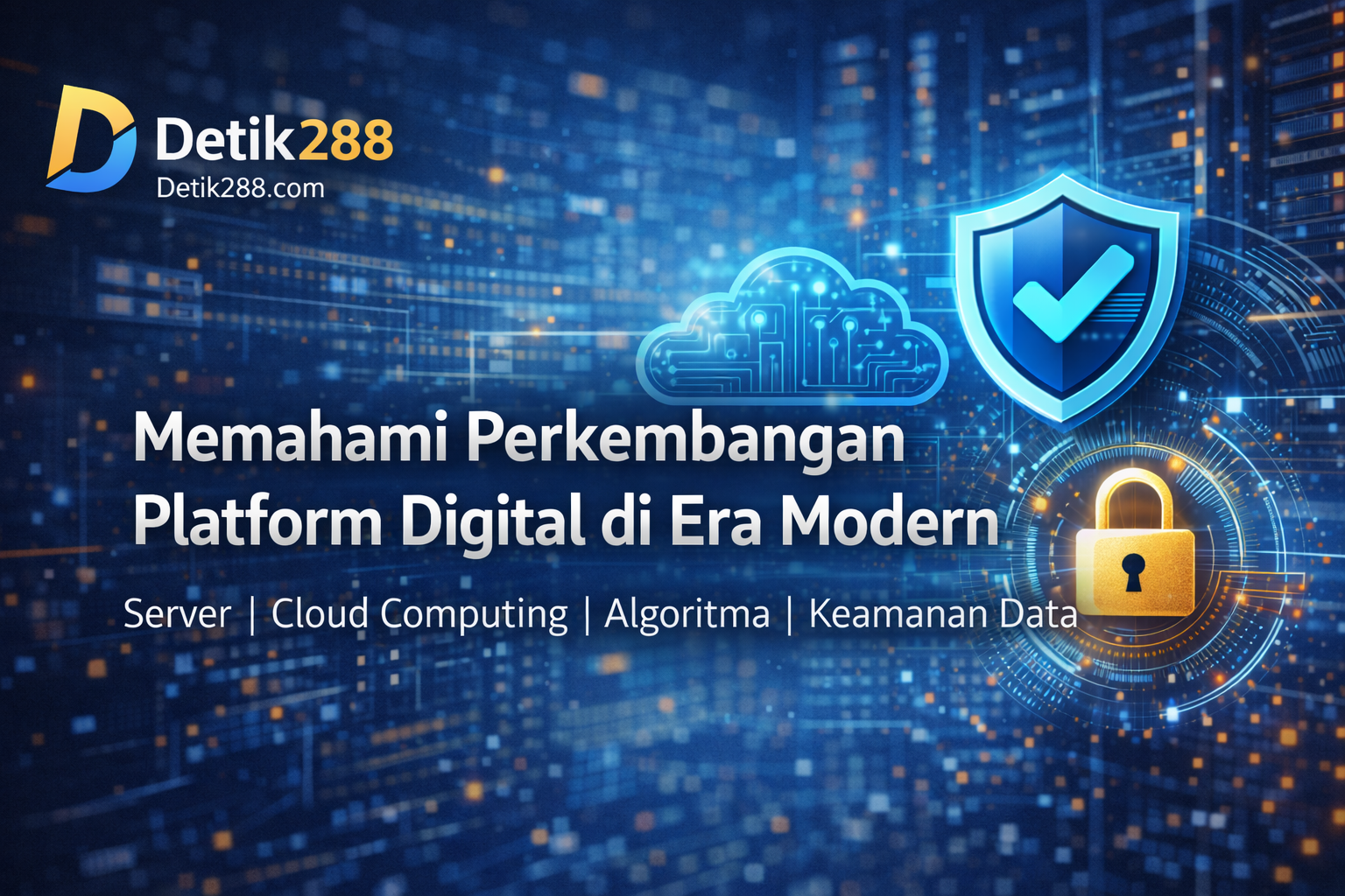 Ilustrasi perkembangan platform digital dengan konsep cloud computing, server, dan keamanan data modern